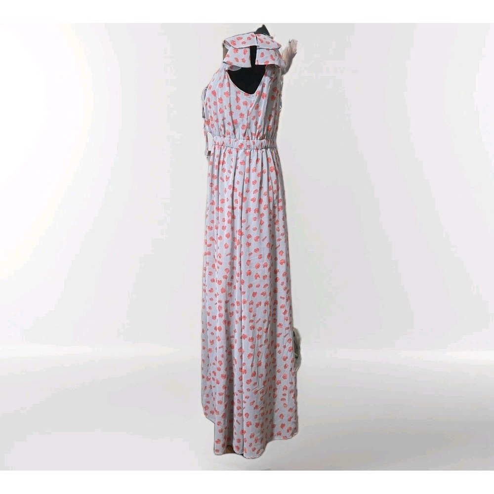 Aggie Floral Flowy Maxi Dress Sz M Gray Red Ruffle Cap Sleeve Peasant V-Neck - Picture 4 of 14